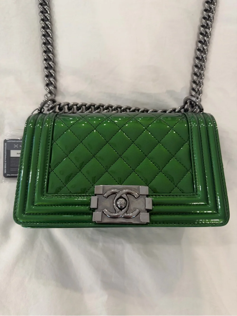 CHANEL Green Quilted Patent Leather Boy Bag with Silver Chain